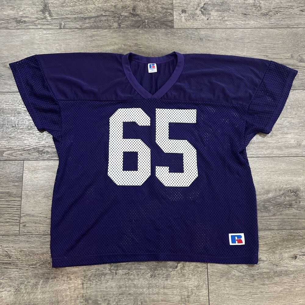 Vintage 90s Russell Athletic Purple Football Jersey Mesh #65 Made in USA - XXL